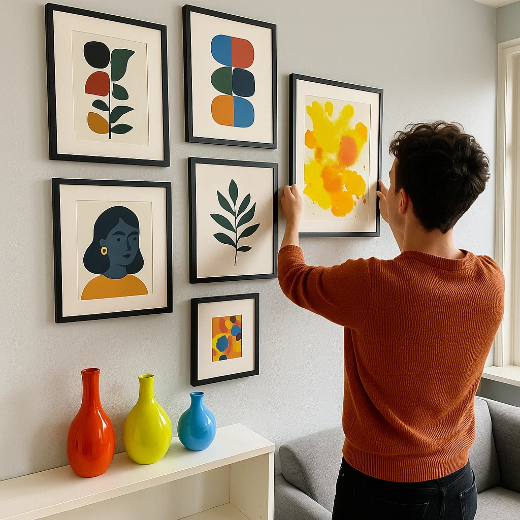 Man hangt kleurrijke kunst op