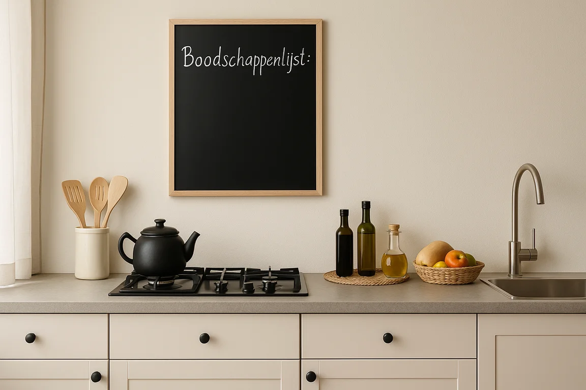 Een moderne keuken met op de achtergrond een krijtbord met de tekst "Boodschappenlijst" als wanddecoratie.