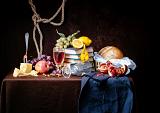 Stilleven tafel met wijn en eten