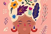 Portret met bloemencompositie roze