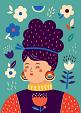 Portret met bloemencompositie blauw