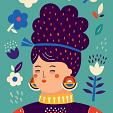 Portret met bloemencompositie blauw