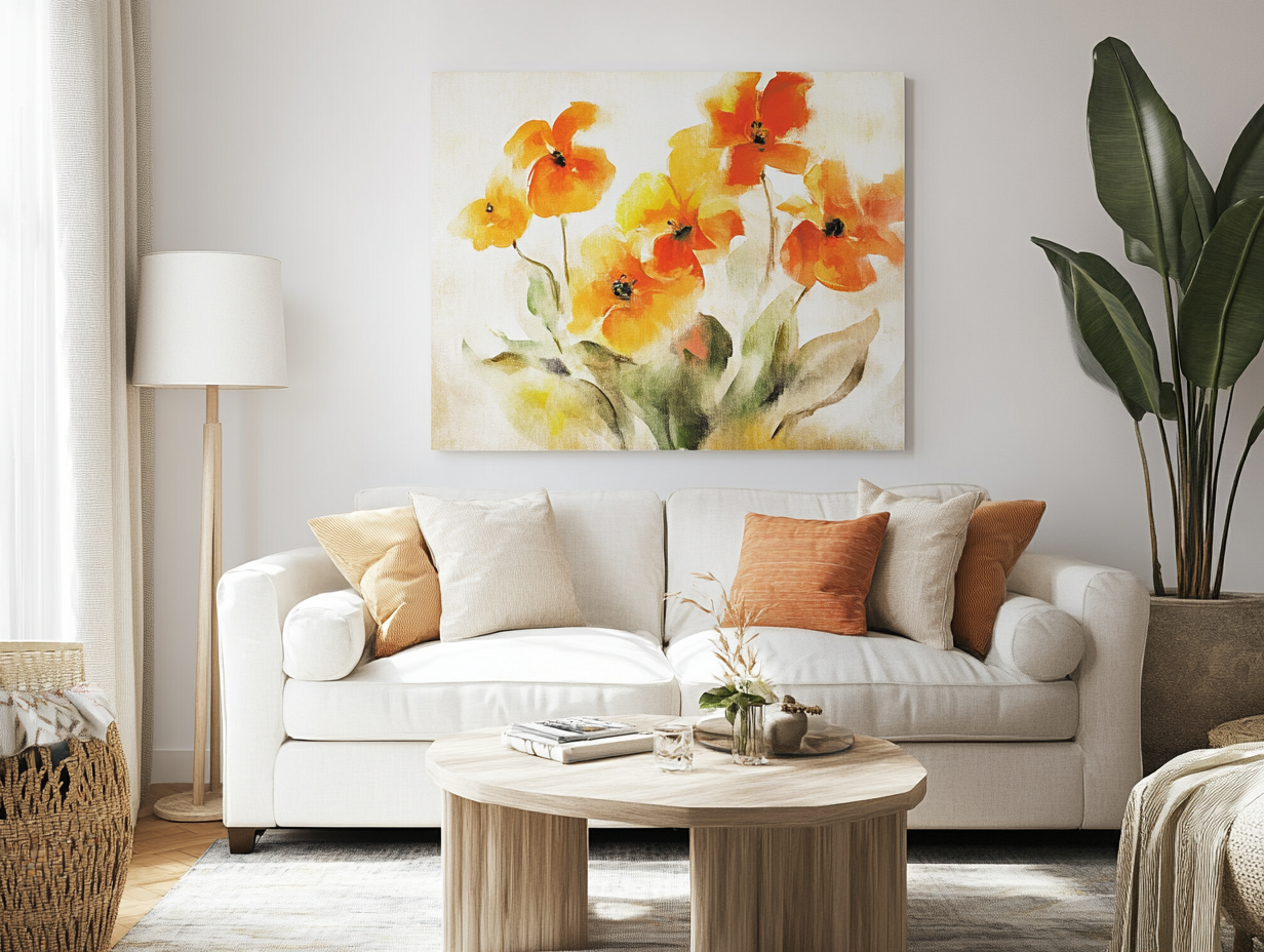 Canvas kunstwerk met bloemen boven de bank
