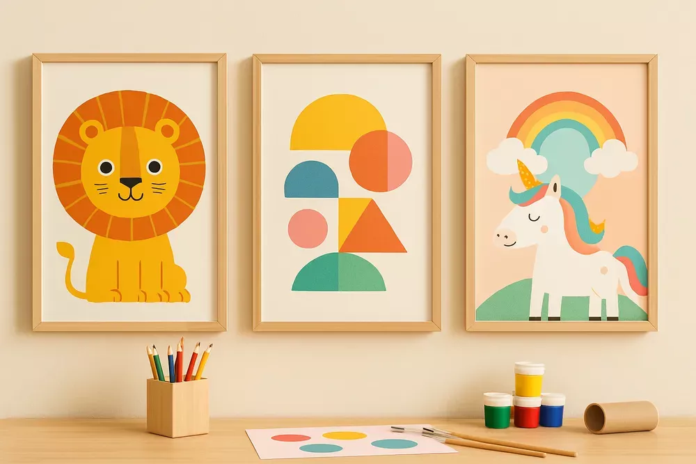 Kunstwerken in de kinderkamer met verschillende voorstellingen