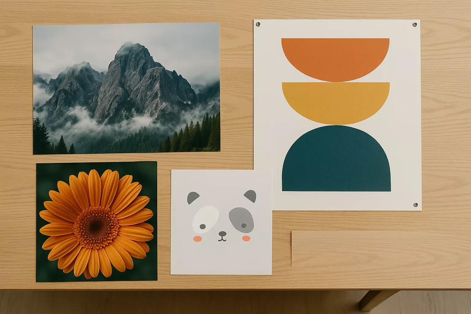 Een tafel met verschillende posters van groot formaat naar klein