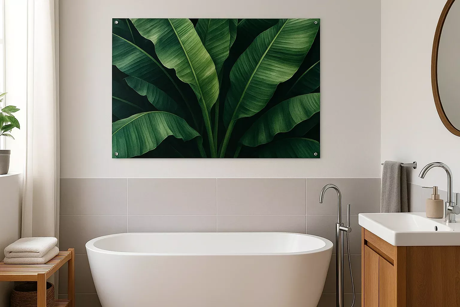 Een moderne badkamer met boven een bad een kunstwerk met palmbladen