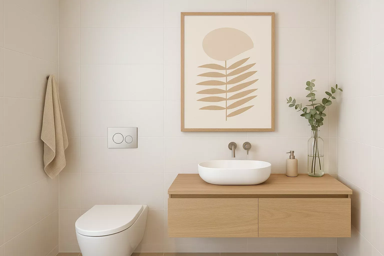 Badkamer met toilet en moderne wanddecoratie
