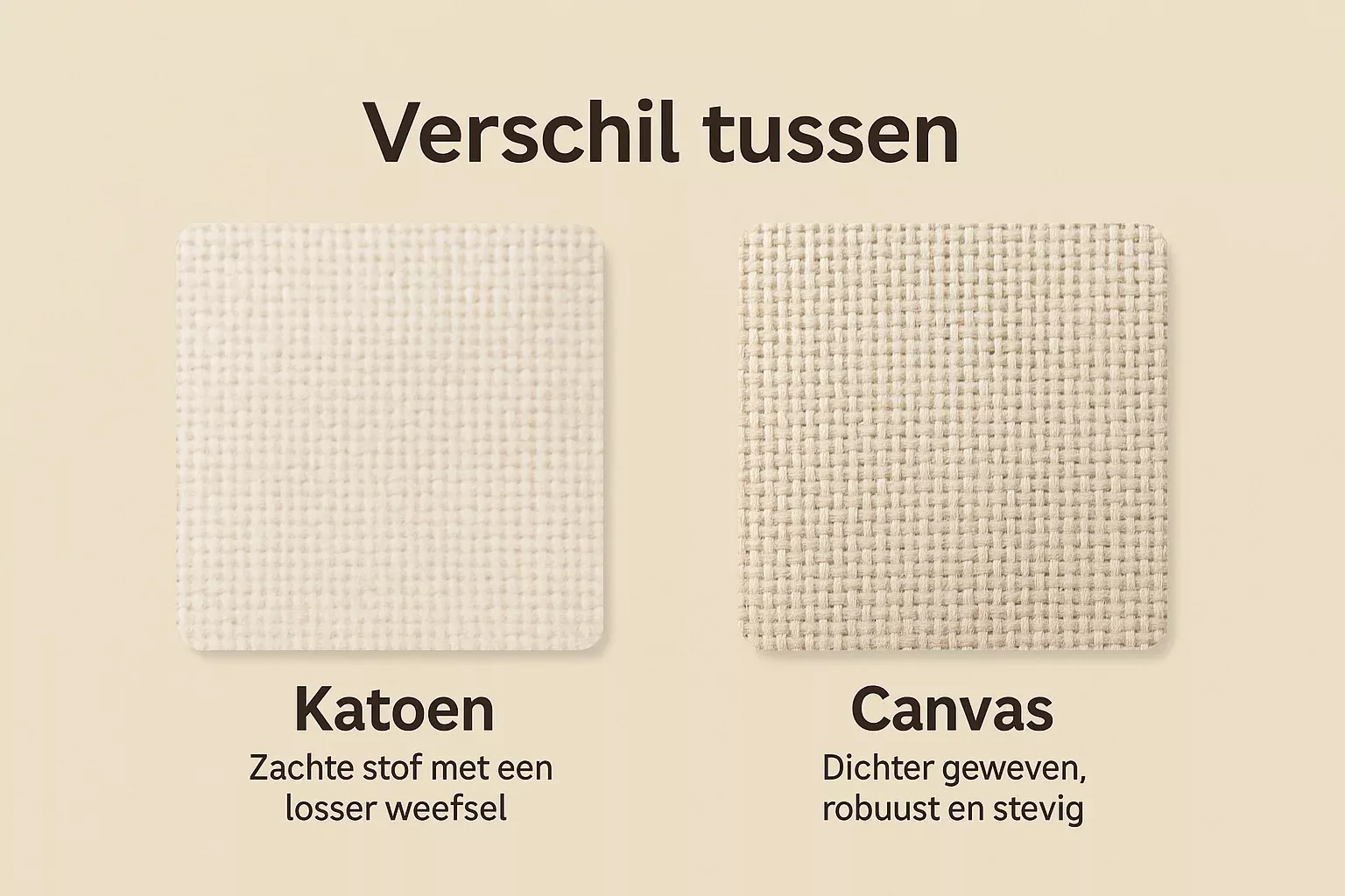 Verschil tussen katoen en canvas uitgebeeld - Katoen is zacht met losser weefsel, canvas is dicher geweven, stevig en robuust.