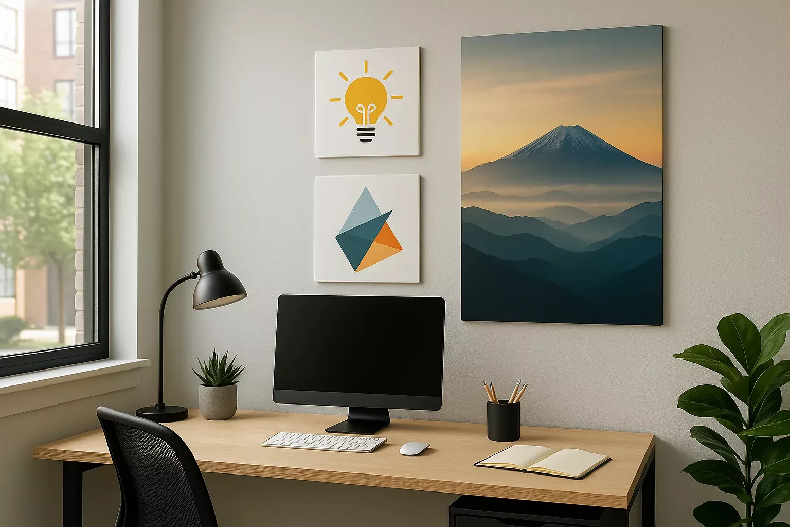 Kantoor met inspirerende wanddecoratie aan de muur