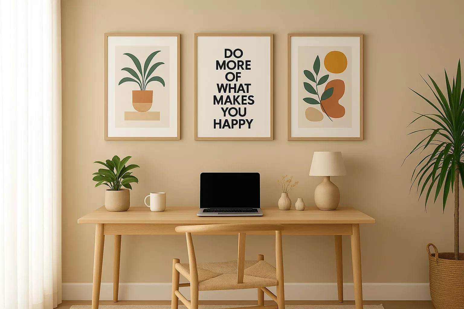 Thuiswerkplek ingericht met wanddecoratie en meer