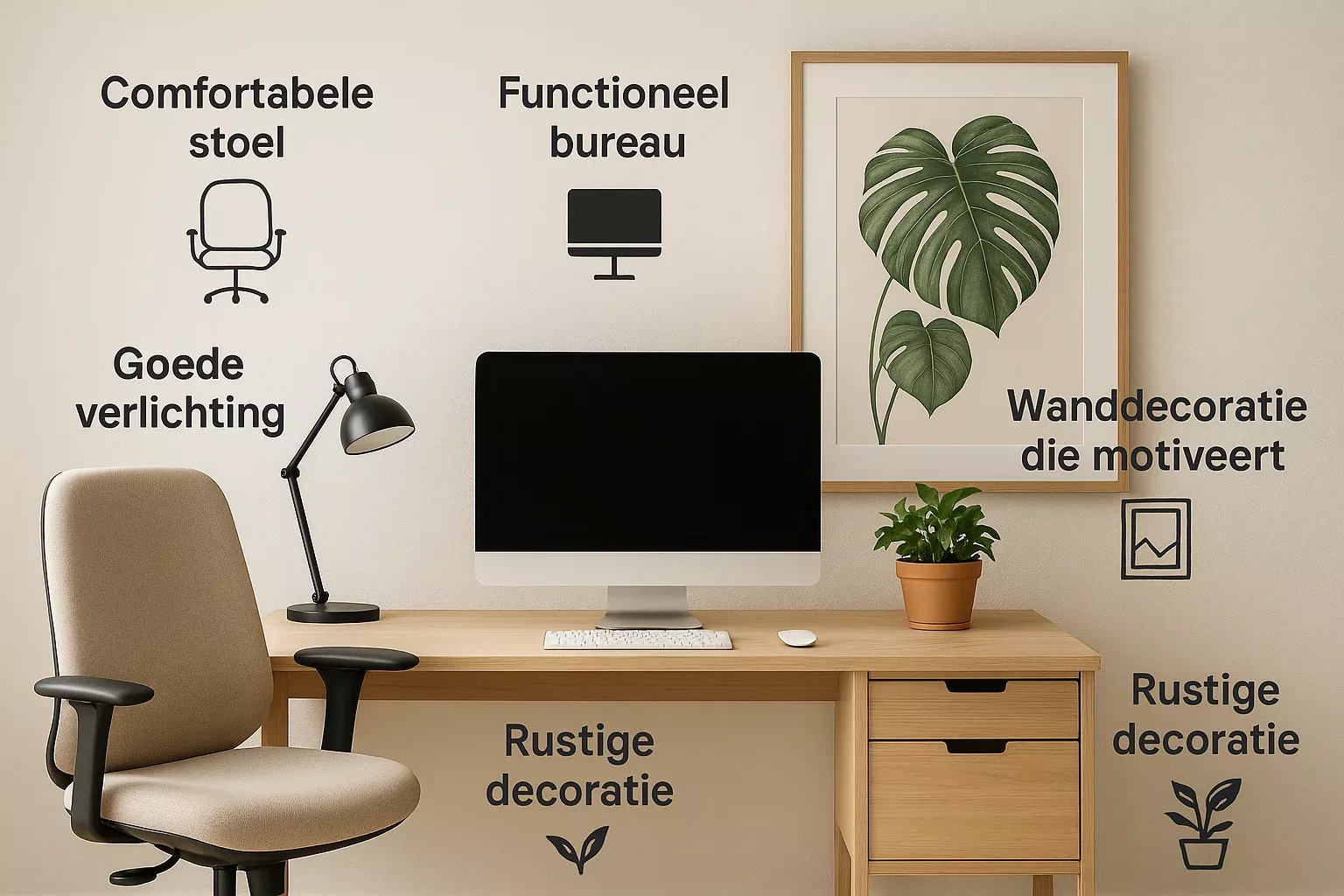 Verschillende onderdelen van een thuiswerkplek van comfortabele stoel tot rustige decoratie