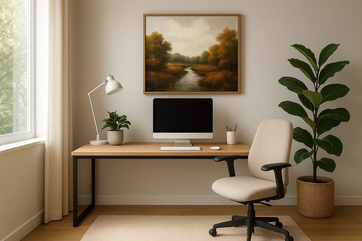 Een thuiswerkplek ingericht met moderne meubels.