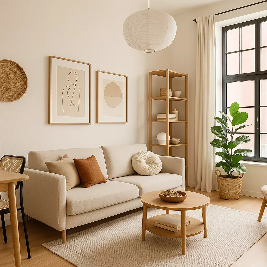 Kamer in klein appartement ingericht in moderne sitjl