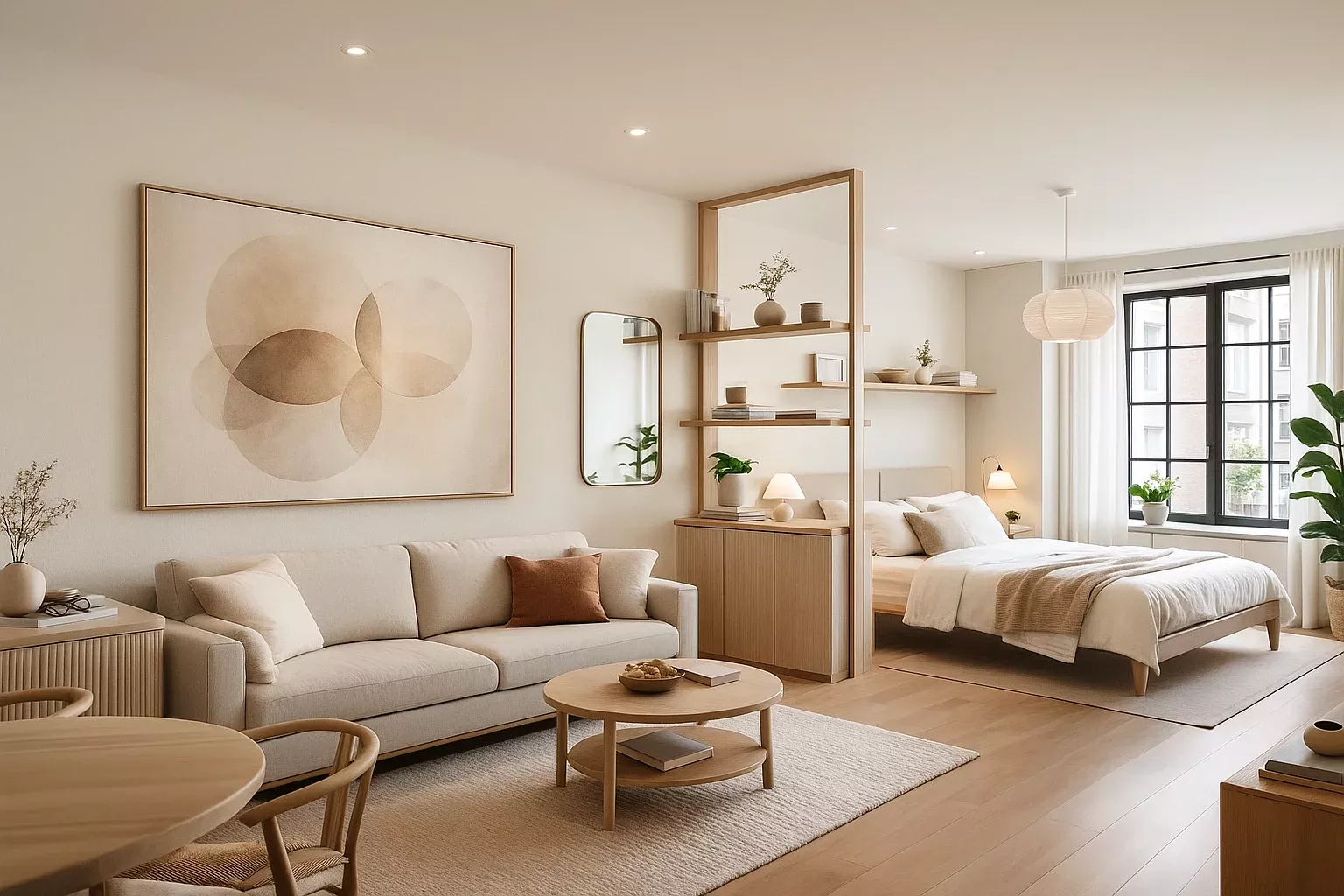 Klein appartement ingericht in een Japandi stijl. Eethoek, zit deel en slaap gedeelte.