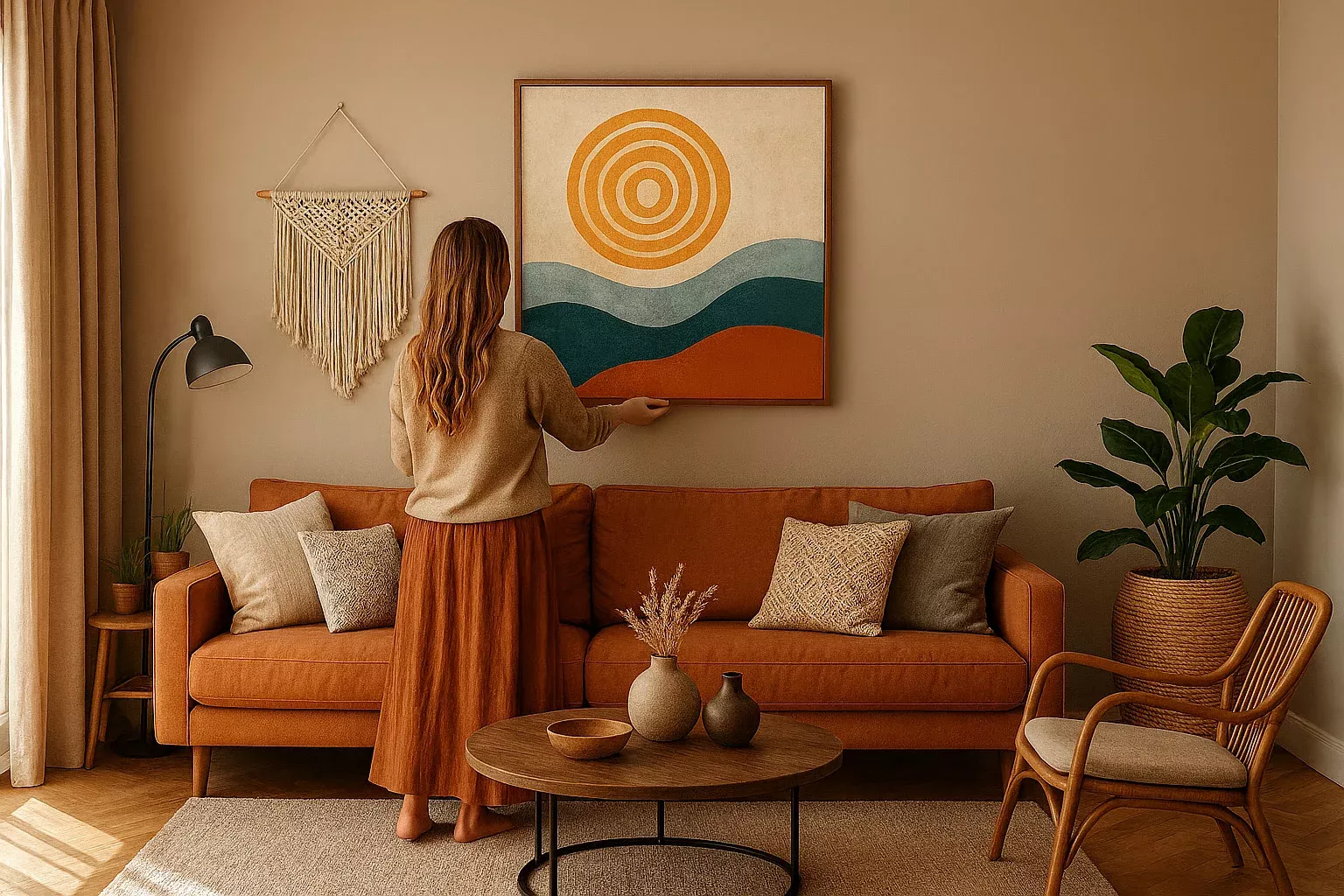 Boho (bohemian) interieur. Vrouw hangt wanddecoratie op