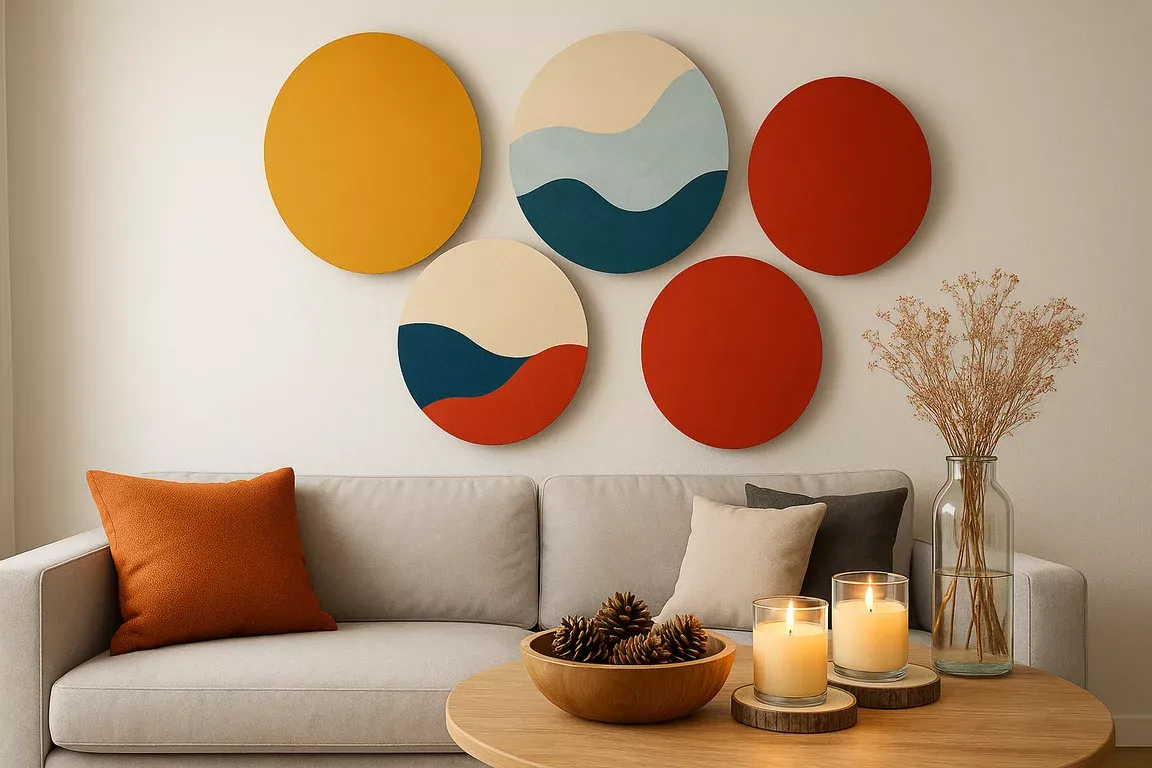 5 unieke muurcirkels die boven een bank hangen. Vooraan staat een tafel met daarop kaarzen, denneappels en een bloemetje