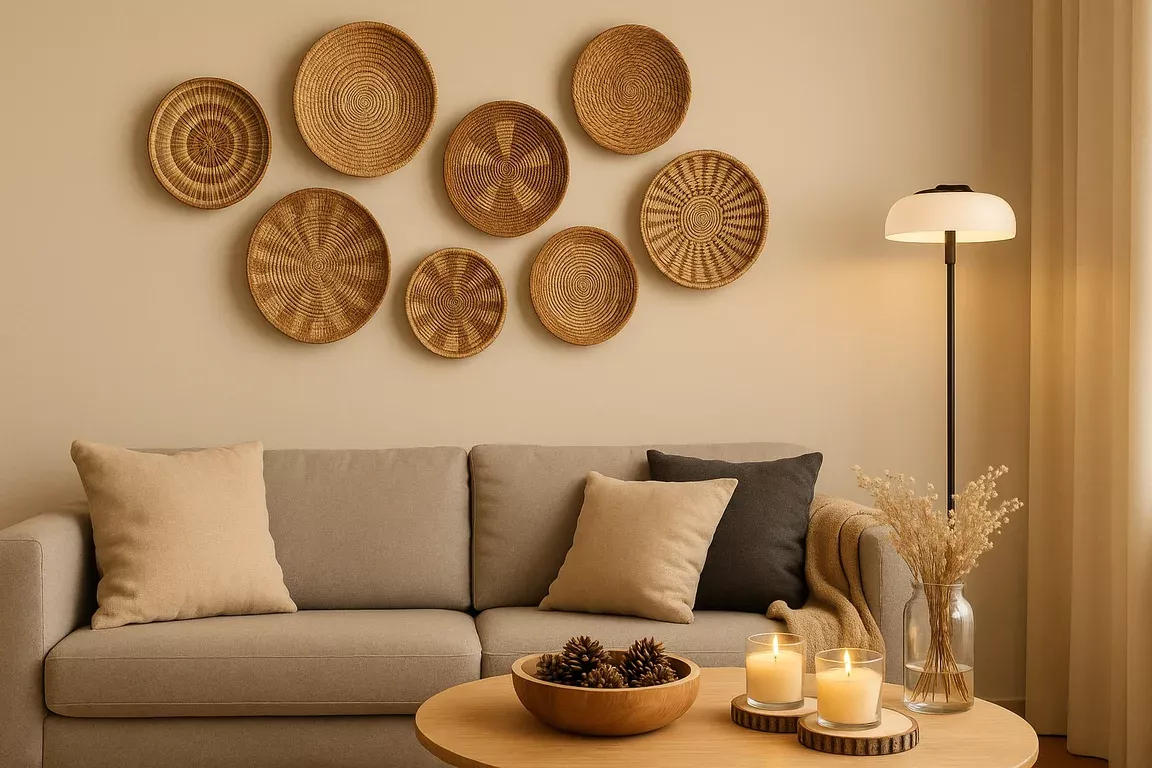 Woonkamer met bank en tafel. Boven de bank hangen unieke manden als wanddecoratie.