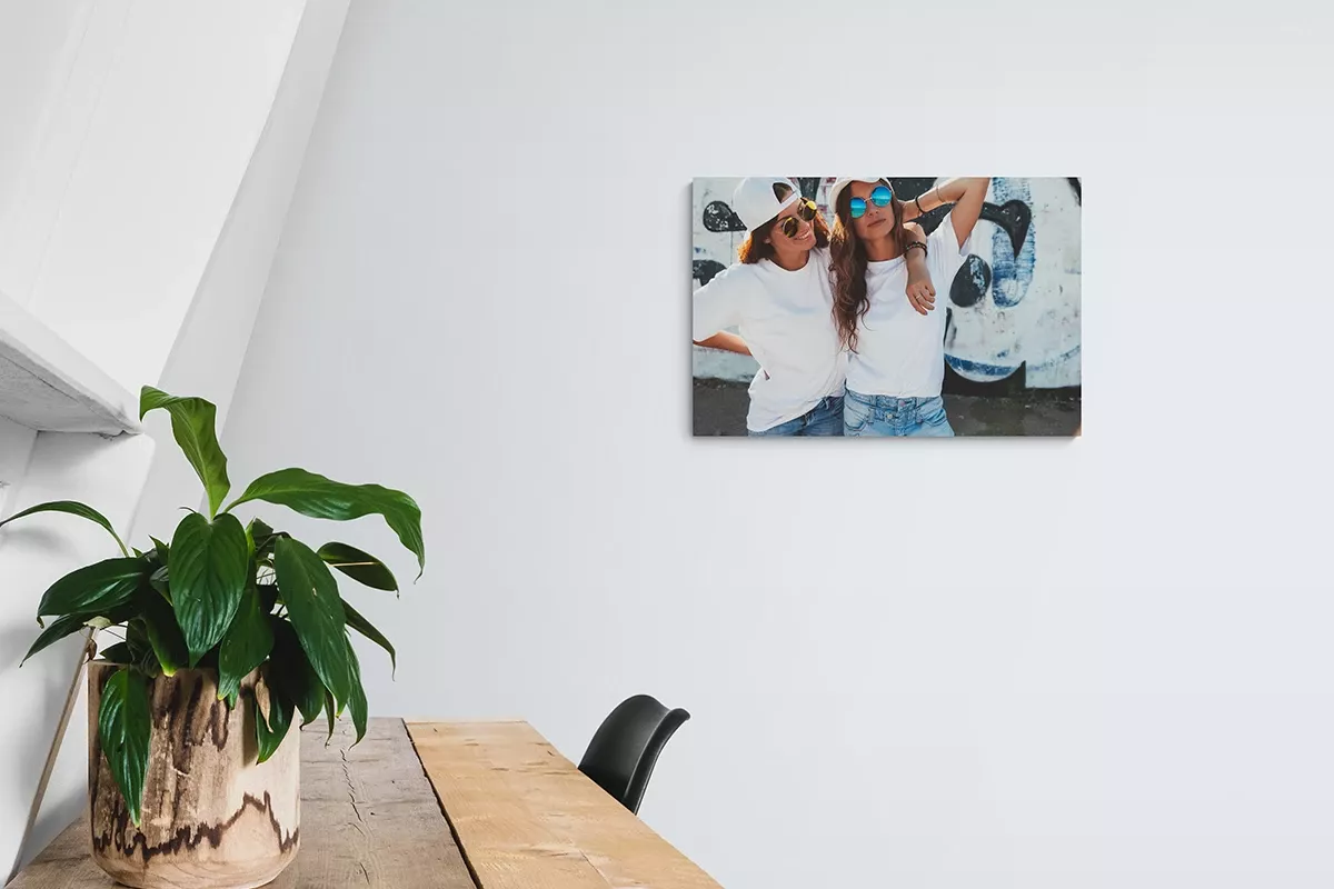 Forex als materiaal aan de muur in een zolderkamer. Er hangt een Forex schilderij met 2 vrouwen rechts van het midden en er staat een tafel met plant en stoel links.