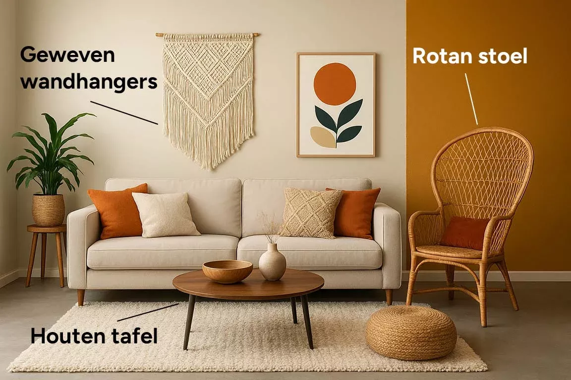 Bohemian stijl woonkamer. De wandhangers, rotan stoel en houten tafel zijn uitgelicht.