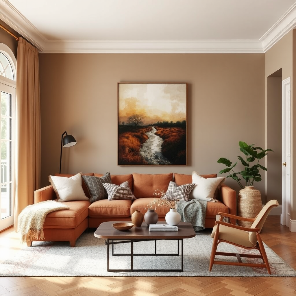 Een woonkamer met een groot formaat canvas aan de muur.