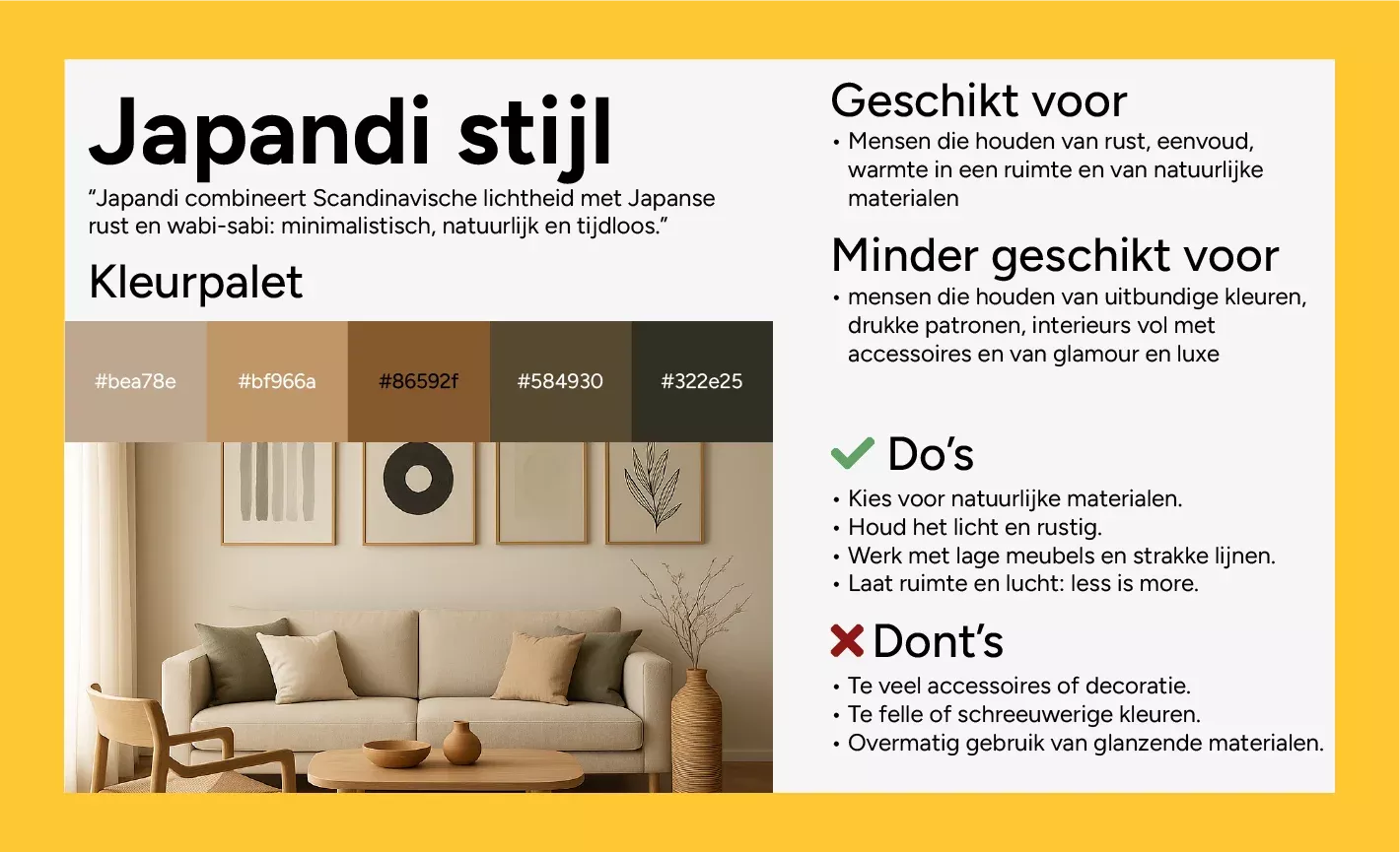 Infographic van Japandi stijl - combineert Scandinavische lichtheid met Japanse rust en wabi-sabi: minimalistisch, natuurlijk en tijdloos