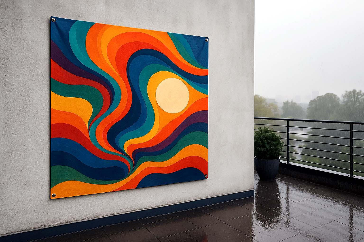 Een groot formaat abstracte tuinposter aan een wand op een balkon
