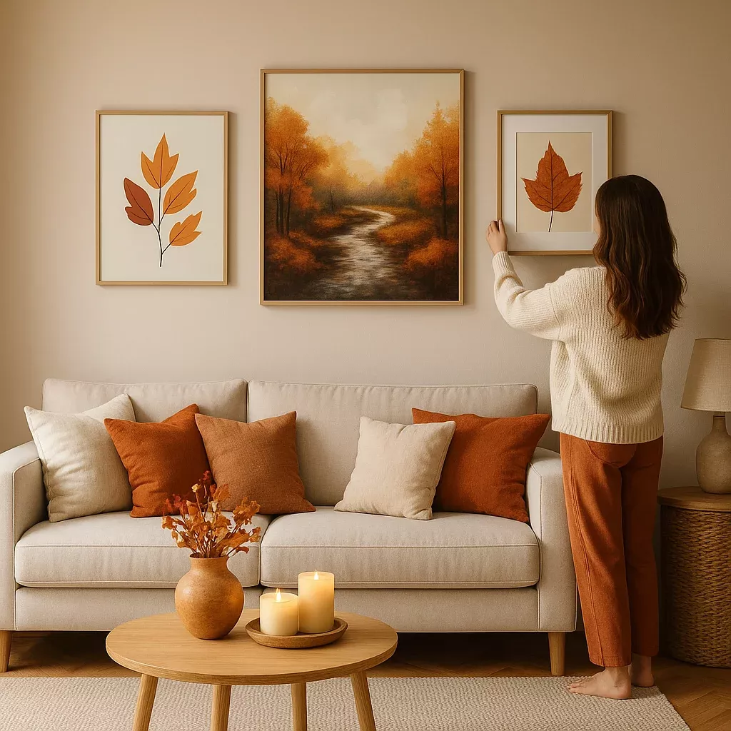 Woonkamer met herfstdecoratie, o.a. herfst wanddecoratie, warme gekleurde kussens, etc.