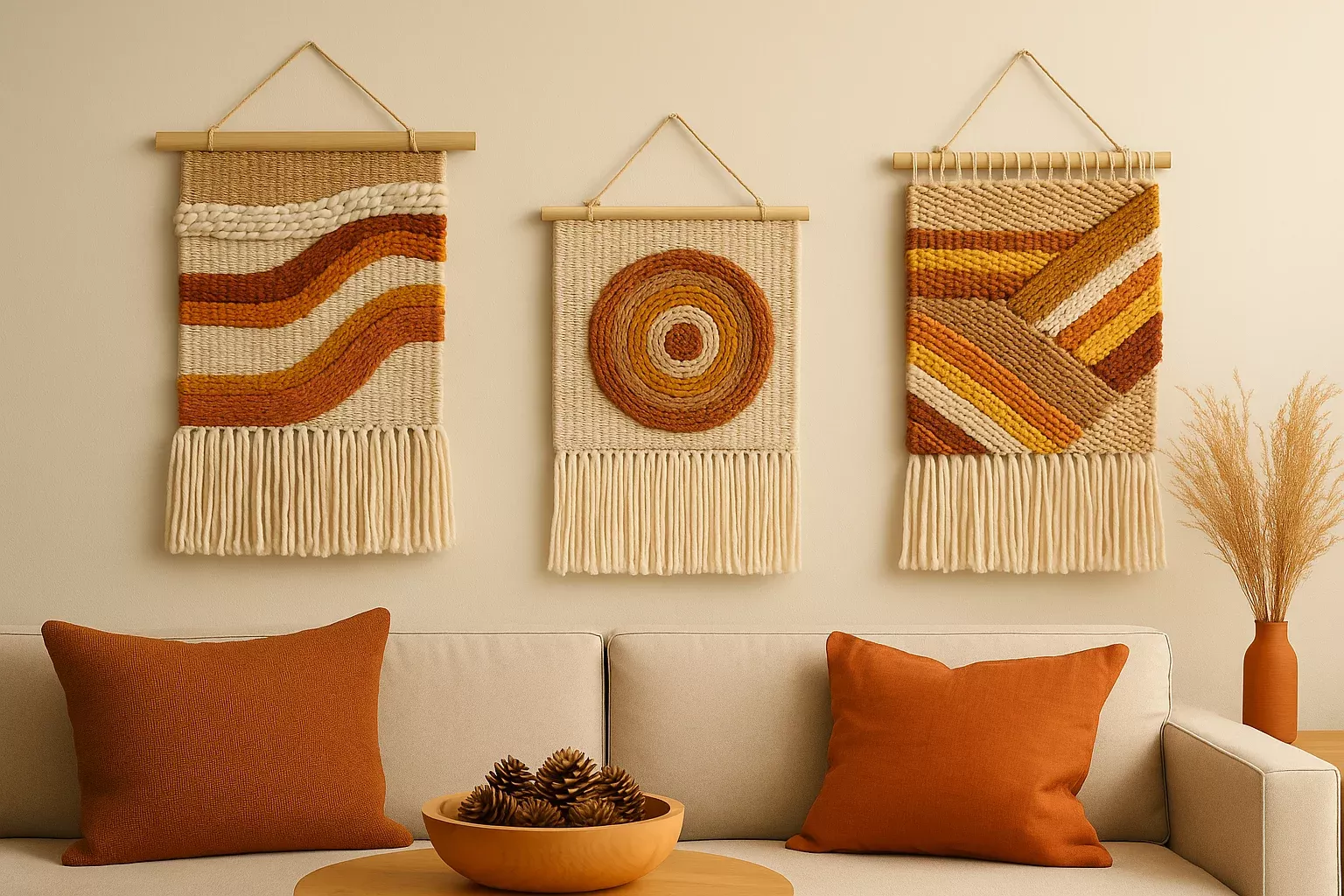 Wandkleden in herfstijl hangend boven een bank