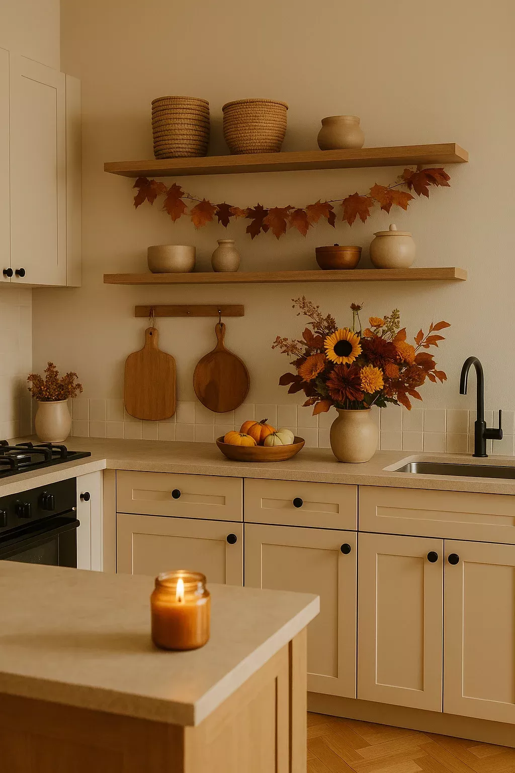 Een keuken met herfstdecoratie in de vorm van bloemen