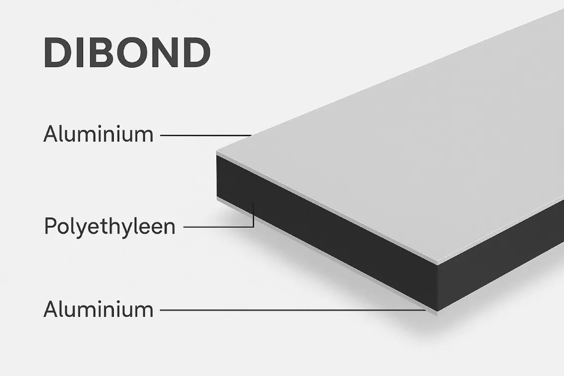 Visualisatie van dibond plaat opbouw, aluminium - polyethyleen - aluminium.