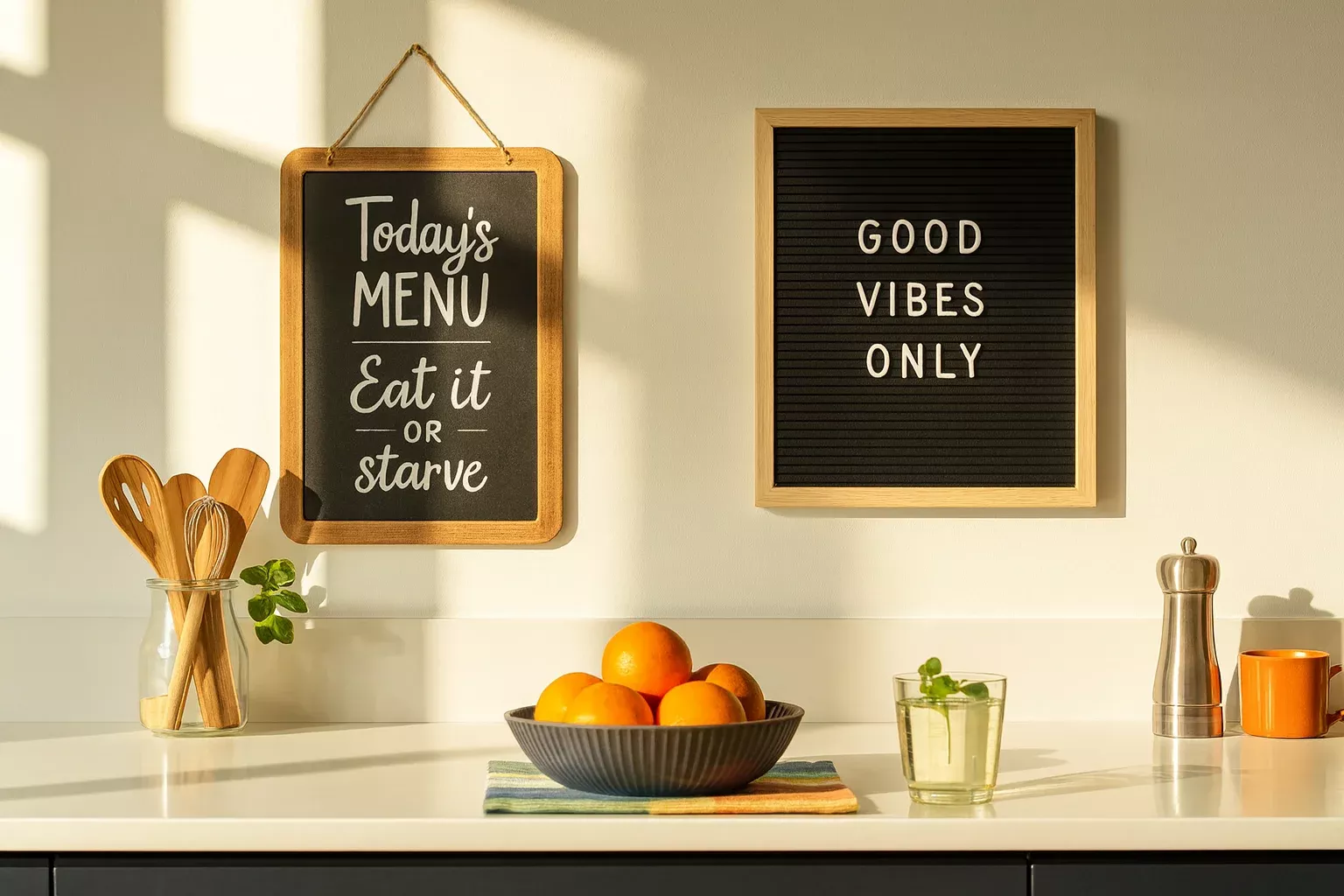 Een moderne keuken met hangend aan de muur een krijtbord en letters