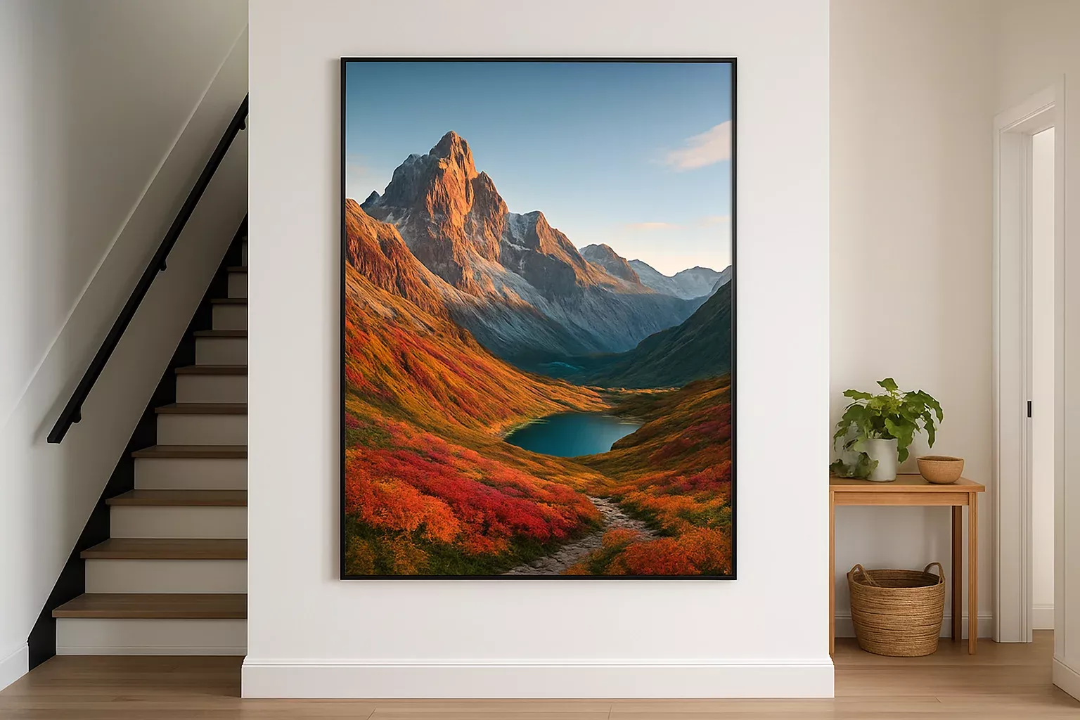Een grote poster met een berglandschap in een hal van een modern huis