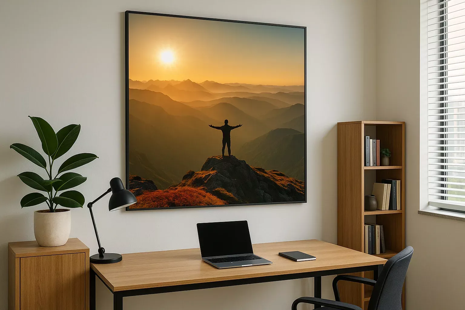 Een grote poster van een persoon met berglandschap in de achtergrond. De grote poster hangt in een kantoor.
