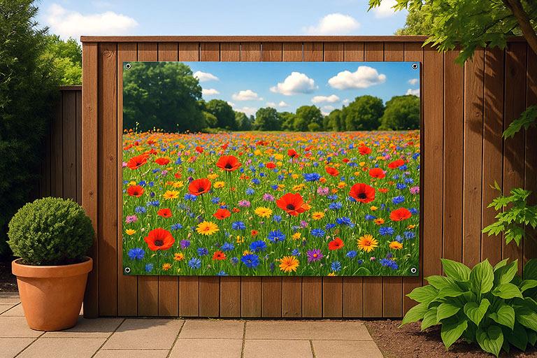 Tuinposter groot formaat met daarop een kleurrijk bloemenveld