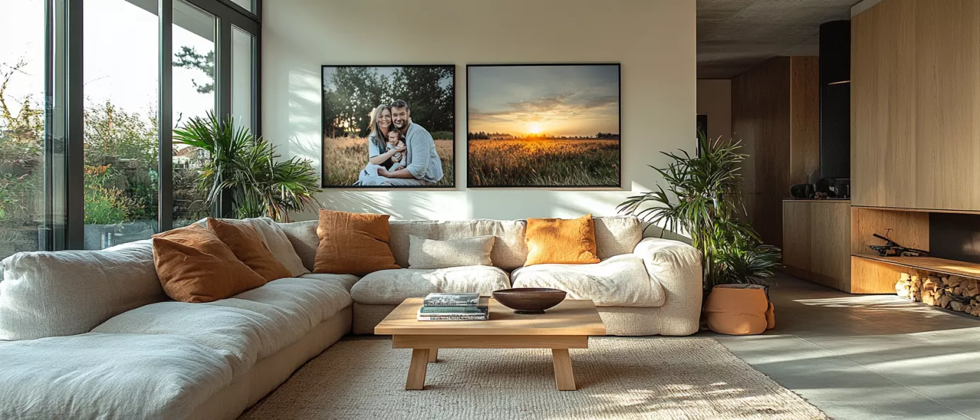 Dibond vs plexiglas prints aan de muur in woonkamer