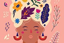 Portret met bloemencompositie roze