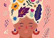 Portret met bloemencompositie roze