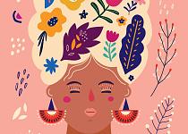 Portret met bloemencompositie roze