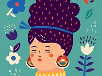 Portret met bloemencompositie blauw