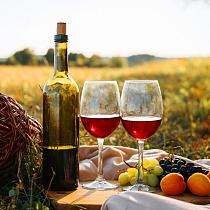 Picknick in de natuur bij zonsondergang
