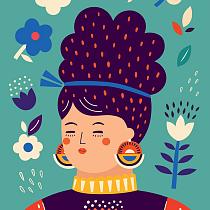 Portret met bloemencompositie blauw