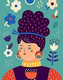 Portret met bloemencompositie blauw