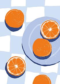 16589 op sinaasappels op bord 50x70