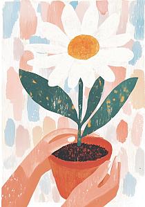 19764 op handen om bloempot a0