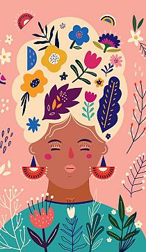 Portret met bloemencompositie roze