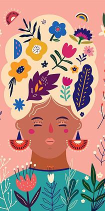 Portret met bloemencompositie roze