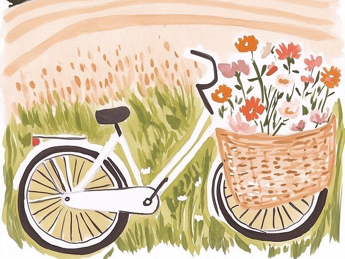 Fiets met bloemen in fietsmand