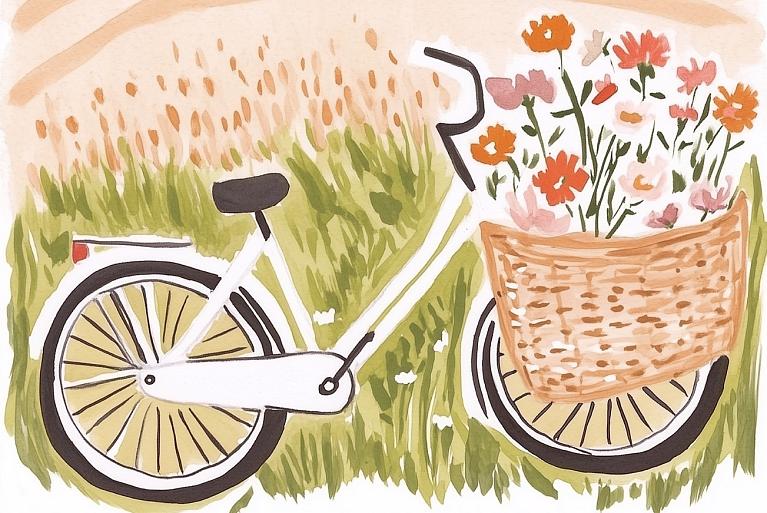 Fiets met bloemen in fietsmand