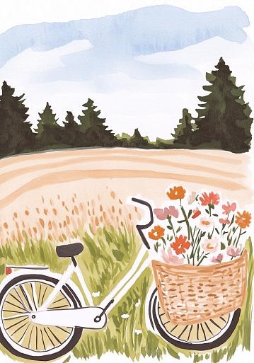 Fiets met bloemen in fietsmand