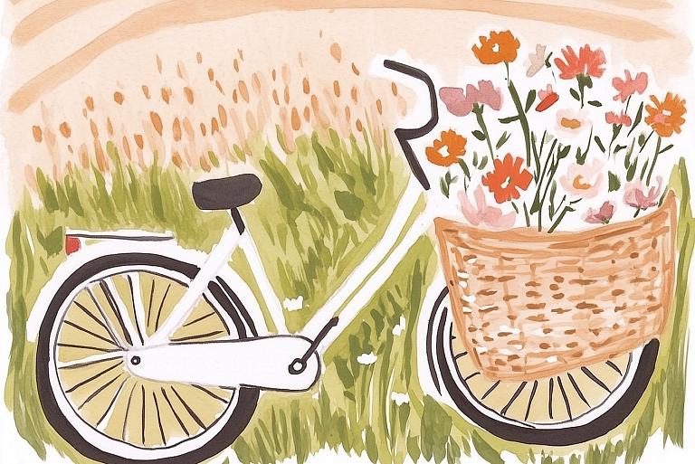 Fiets met bloemen in fietsmand